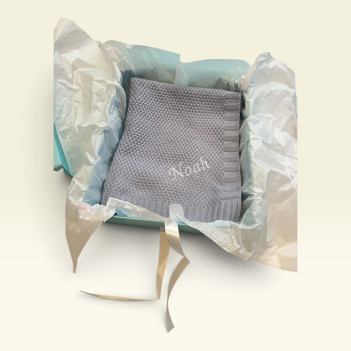 Teal blue baby keepsake gift box open, can be personalised