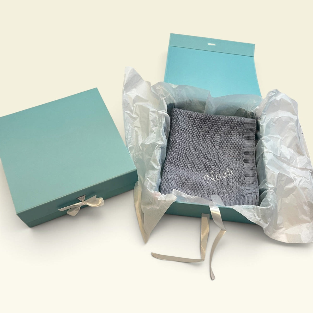 Teal blue baby keepsake gift box open, can be personalised