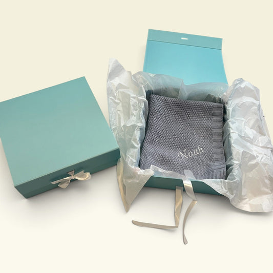 Teal blue baby keepsake gift box open, can be personalised