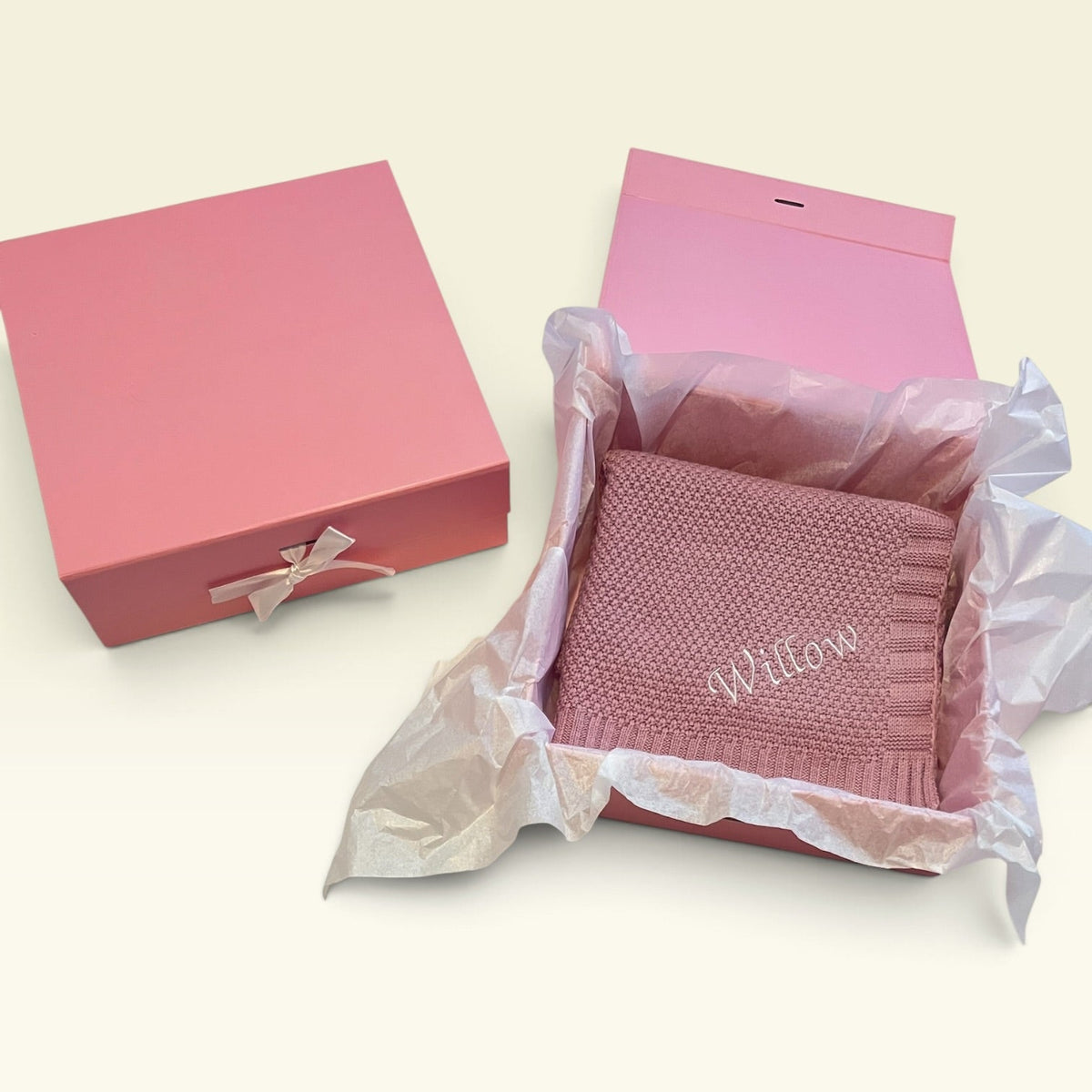 Pink baby keepsake gift box open, can be personalised